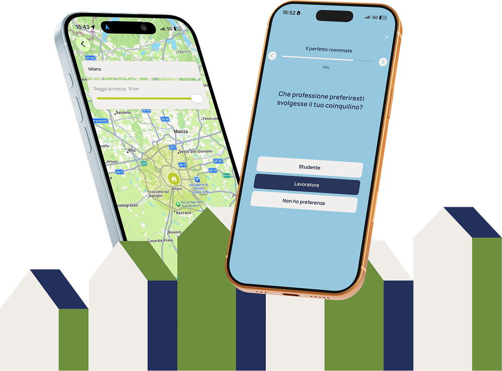 Anteprima app Roomer su due iPhone con skyline